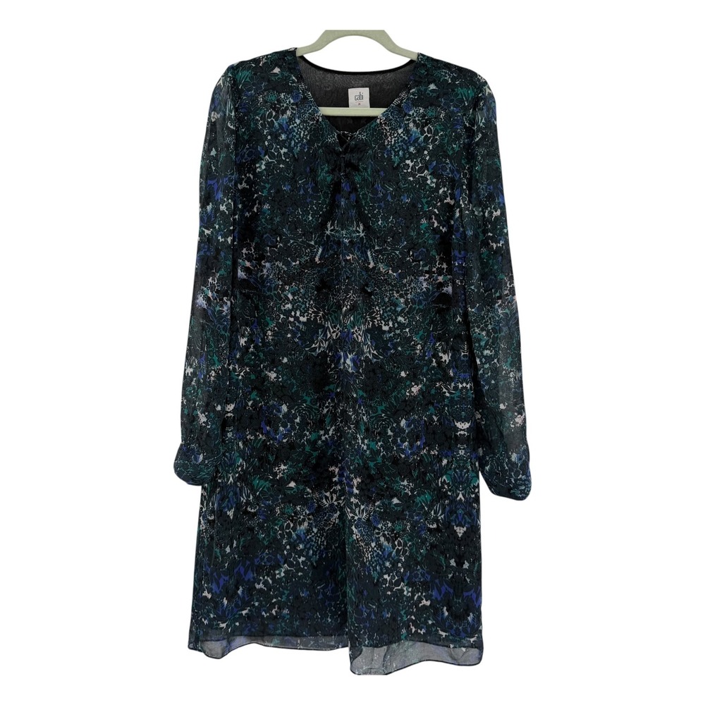 Cabi 3339 Noel Eternity Damask Print Shift Dress Blue Green V-Neck Long Sleeve M